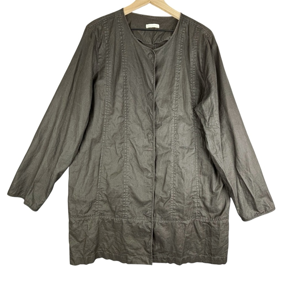 Eileen Fisher Coat Womens Large Brown Linen Snap Lightweight Trench Minimalist